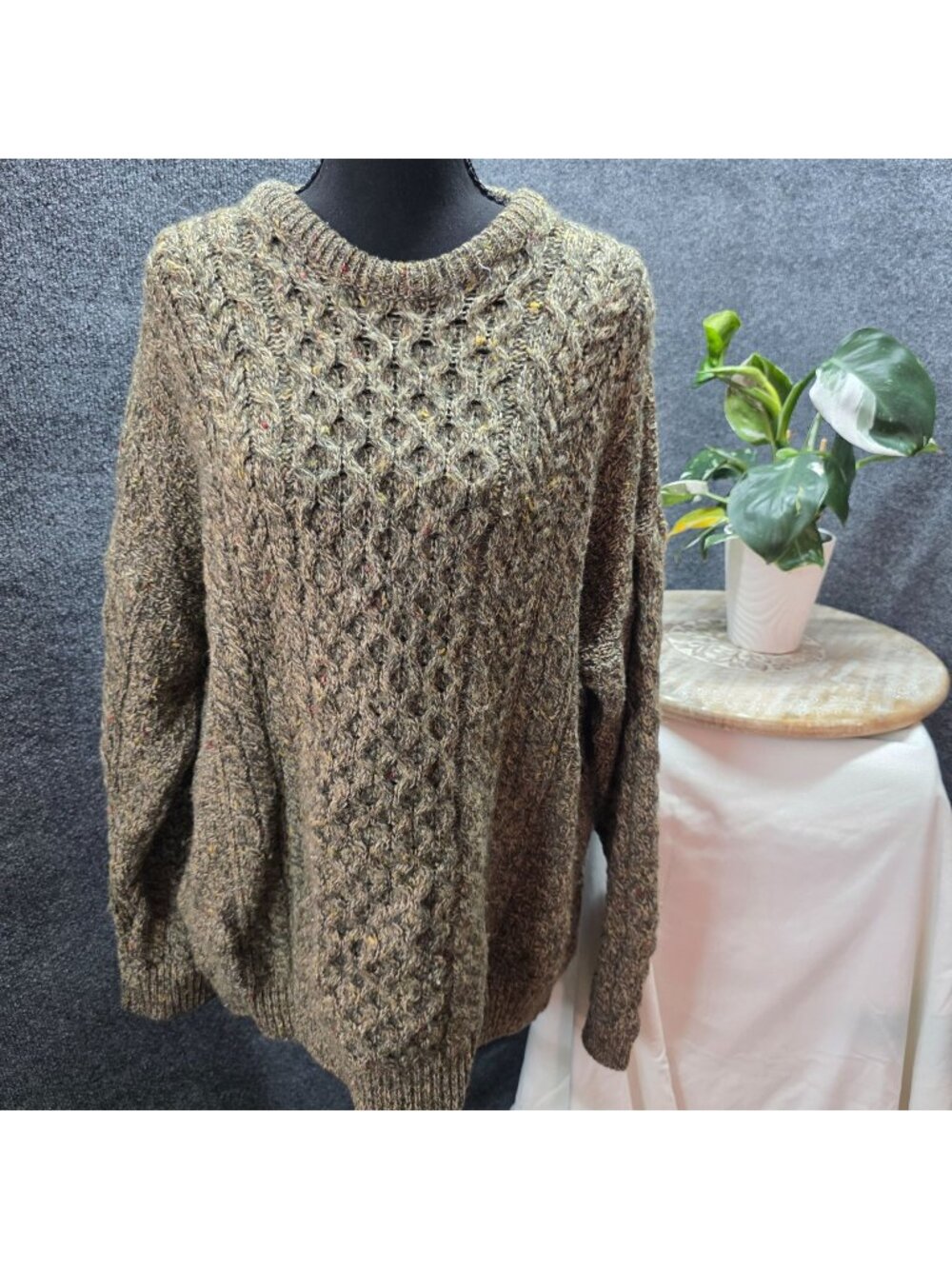 Vintage Irish Wool Fisherman Cable Knit Sweater XL Brown Speckled Aran Cozy Warm